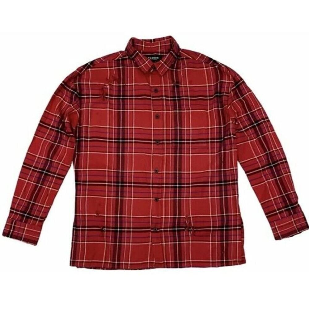 NWT PacSun Red plaid Distressed button up Flannel Shirt Grunge Style Men's Med